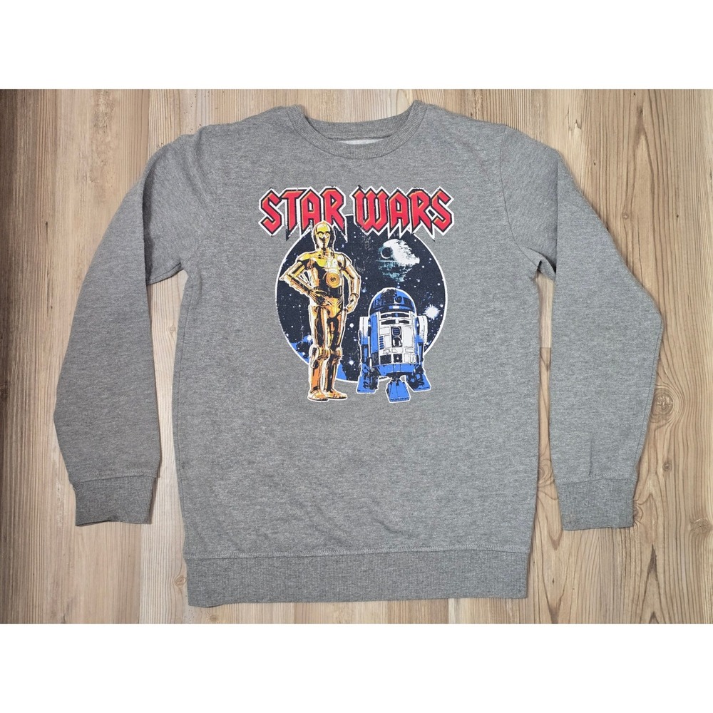 Star Wars C-3PO R2-D2 Graphic Sweatshirt Gray Crew Neck Pullover Large